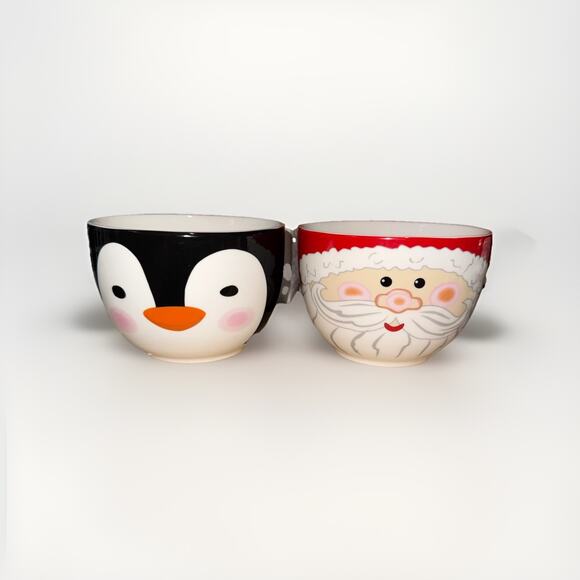 Holiday Winter Christmas Bowls Santa And Penguin Set Of 2 EUC - Picture 1 of 8